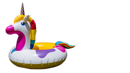 Inflatable unicorn pool ring rainbow mane isolated on a transparent background swimming