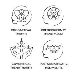 Psychotherapy Types line icon set. Vector pictograms of therapy methods, approaches, mental health treatments, cognitive, behavioral, humanistic, positive psychology gestalt thin linear illustration. 