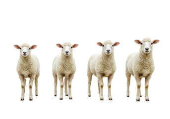Fototapeta premium Four young sheep standing in a line isolated on transparent background, showcasing their fluffy wool and gentle nature