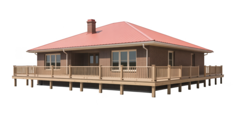 Charming wooden house with a porch isolated on transparent background