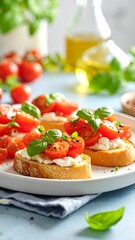 Toasted baguette slices topped with creamy cheese, roasted cherry tomatoes, and fresh basil