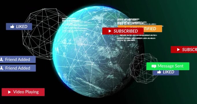 Opening wireframed Earth spheres showcasing subscription prompts, sliding code, and fading icons