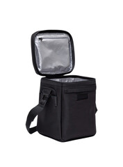 Open black insulated cooler bag with shoulder strap