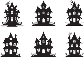 Spooky haunted houses with windows and fences silhouette black