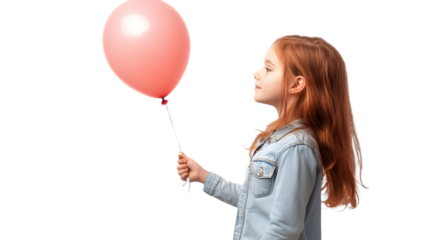 Red haired girl in a denim jacket holding a pink balloon and looking up with a black background behind her