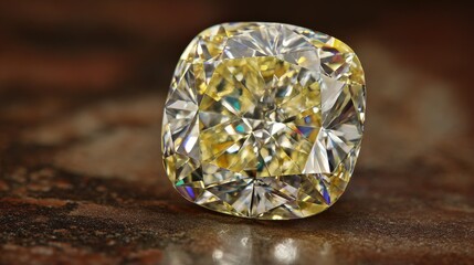Close-up view of a radiant cut yellow diamond.