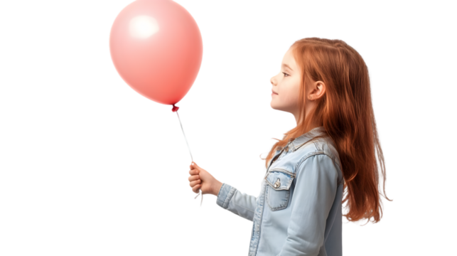 Red haired girl in a denim jacket holding a pink balloon and looking up with a black background behind her