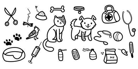 Veterinary medicine doodle set with pets, medicines and food. Cat, dog, parrot. Vector illustration isolated on white background.