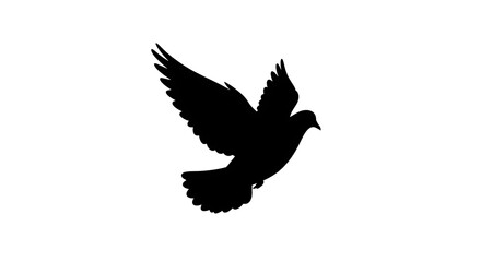 Elegant black silhouette of a graceful dove in mid-flight, isolated on a pristine white background, symbolizing peace, freedom, and purity.