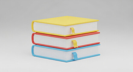 A stack of three books with yellow red and blue covers and yellow bookmarks on a white background