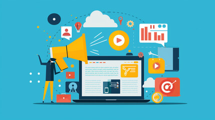 Digital marketing strategy. Announce promotions and campaigns via email and social media. Marketer using laptop computer to manage targeted advertising