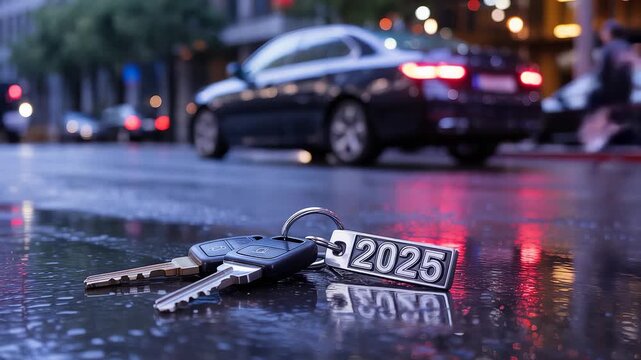 Close-up of car keys with 2025 keychain lying on wet city street pavement with blurred parked luxury car and evening lights in background

