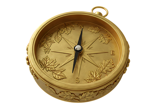 Golden compass with engraved autumn leaves transparent