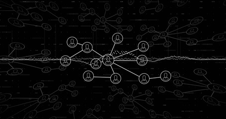 Pulsing network cluster on dark screen, with avatar nodes and connecting lines over dotted waveform