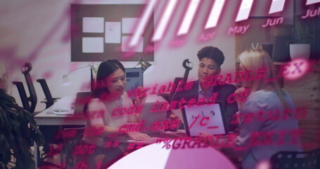 Three professionals reviewing overlay and pointing at pie chart on tablet at conference table