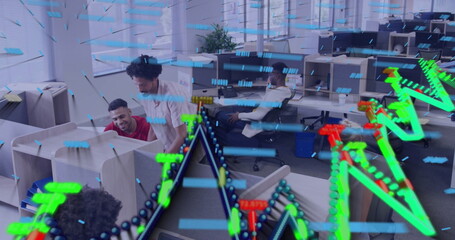 Collaborating analyst and supervisor reviewing monitors in office area, with holographic graphs