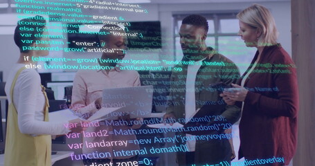 Reviewing code, tech team collaborating in modern office with laptop smartphone code overlay