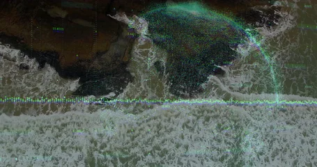 Fotobehang Zee & Oceaan Merging blue circular overlay intersecting rocky shoreline, with waveform, data labels and sea foam  © vectorfusionart