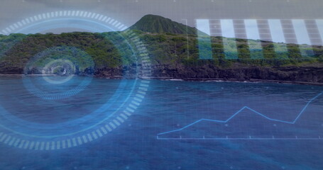 Forested volcanic island ridge rising in deep ocean, with radar, bar chart and line graph overlays
