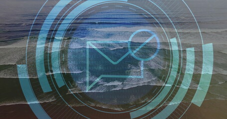 Displaying envelope icon with alert badge above ocean waves featuring UI rings and binary code