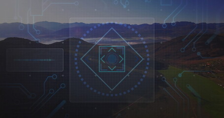 Displaying targeting interface overlay hovering above rural valley panorama, with diamond reticle