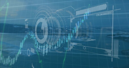 Displaying concentric holographic rings over water, with data panels, line charts and grid overlay