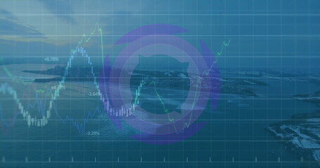 Financial chart hovering coastline at dawn, with grid digital line graph bars percentages highlight
