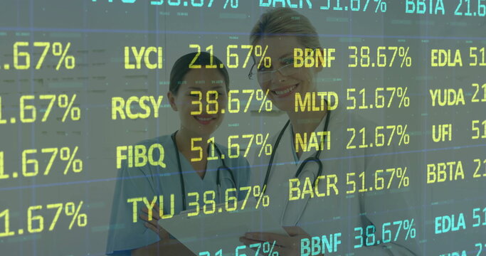 Holding stethoscopes and papers, doctor and nurse analyzing data overlay in hospital corridor - Powered by Adobe