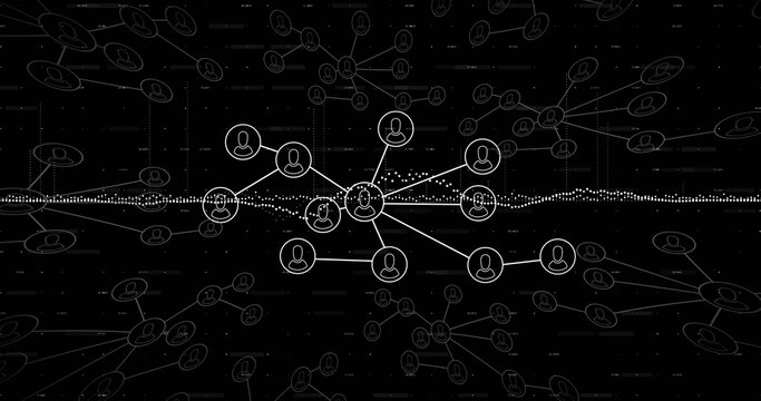 Pulsing network cluster on dark screen, with avatar nodes and connecting lines over dotted waveform