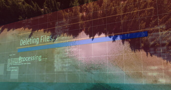 Grid overlay showing mirrored forest in control room, with deleting files progress bar
