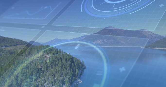 Fototapeta Displaying forested peninsula extending into calm lake waters, with HUD grid lines and data points