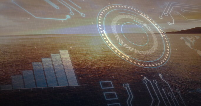 Concentric-ring HUD floating in sea at dusk, with bar chart, grid and circuit patterns, world map