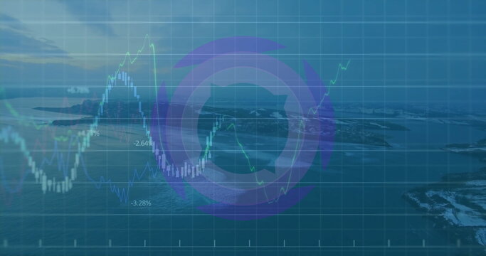 Financial chart hovering coastline at dawn, with grid digital line graph bars percentages highlight