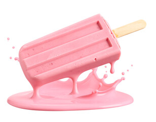 Melting strawberry ice cream bar isolated on transparent background