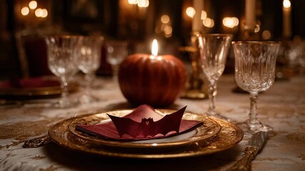 Elegant dining setting with candlelight and decorative tableware for a festive occasion
