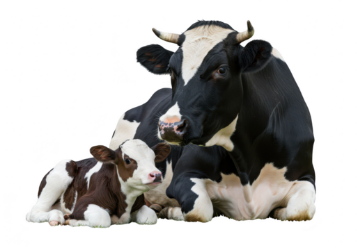 A mother cow and her calf lying down together, isolated on a transparent background, representing farm life and gentle animal companionship