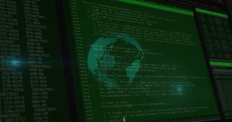 Displaying code window in code editor interface, with green code, globe overlay and redacted tags
