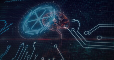 Displaying red neural network brain glowing on dark grid plane, with blue HUD and circuit lines