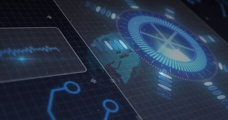 Displaying circular HUD monitoring overlays on dark grid, with holographic globe and pulse waveform