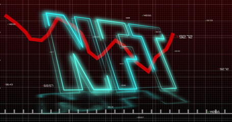 Displaying glowing NFT letters on dashboard grid, with red trend line graph and numeric labels