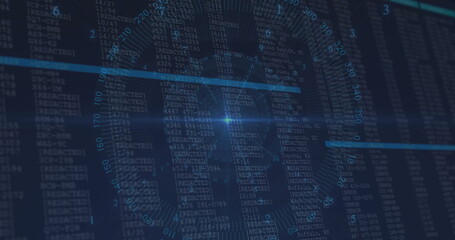 Circular gauge rotating on software interface, with redacted code columns, lens flare and data bars