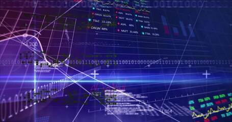 Streaming digital visualization shifting across screen with binary streams, line charts and tickers