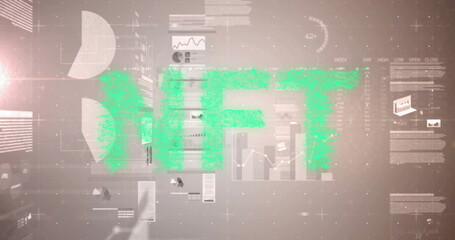 Displaying pixelated green NFT acronym floating over dashboard with chart elements and data tables