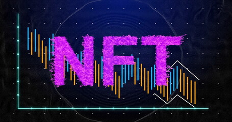 Displaying stylized magenta NFT letters over dark grid in virtual crypto chart, showing neon bars
