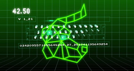 Floating neon-green polyhedron over green 3D grid, displaying icons, data with 42