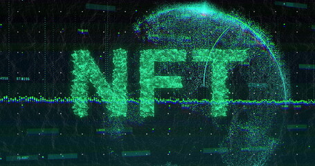 Pulsing pixelated NFT letters in cyberspace net, with wireframe globe and numeric data waveform
