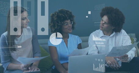 Three coworkers reviewing charts and laptop data in office lounge, with pie and bar graph overlays