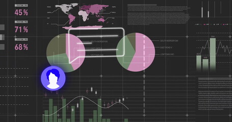 Displaying data dashboard on dark grid, with world map, pie charts, chat UI and avatar