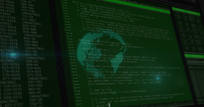 Displaying code window in code editor interface, with green code, globe overlay and redacted tags - Powered by Adobe