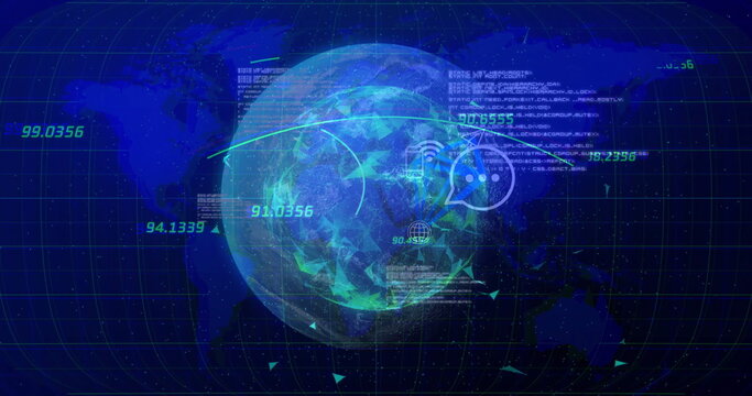 Naklejki Displaying holographic digital Earth rotating in virtual data interface, with grid and Wi-Fi icons